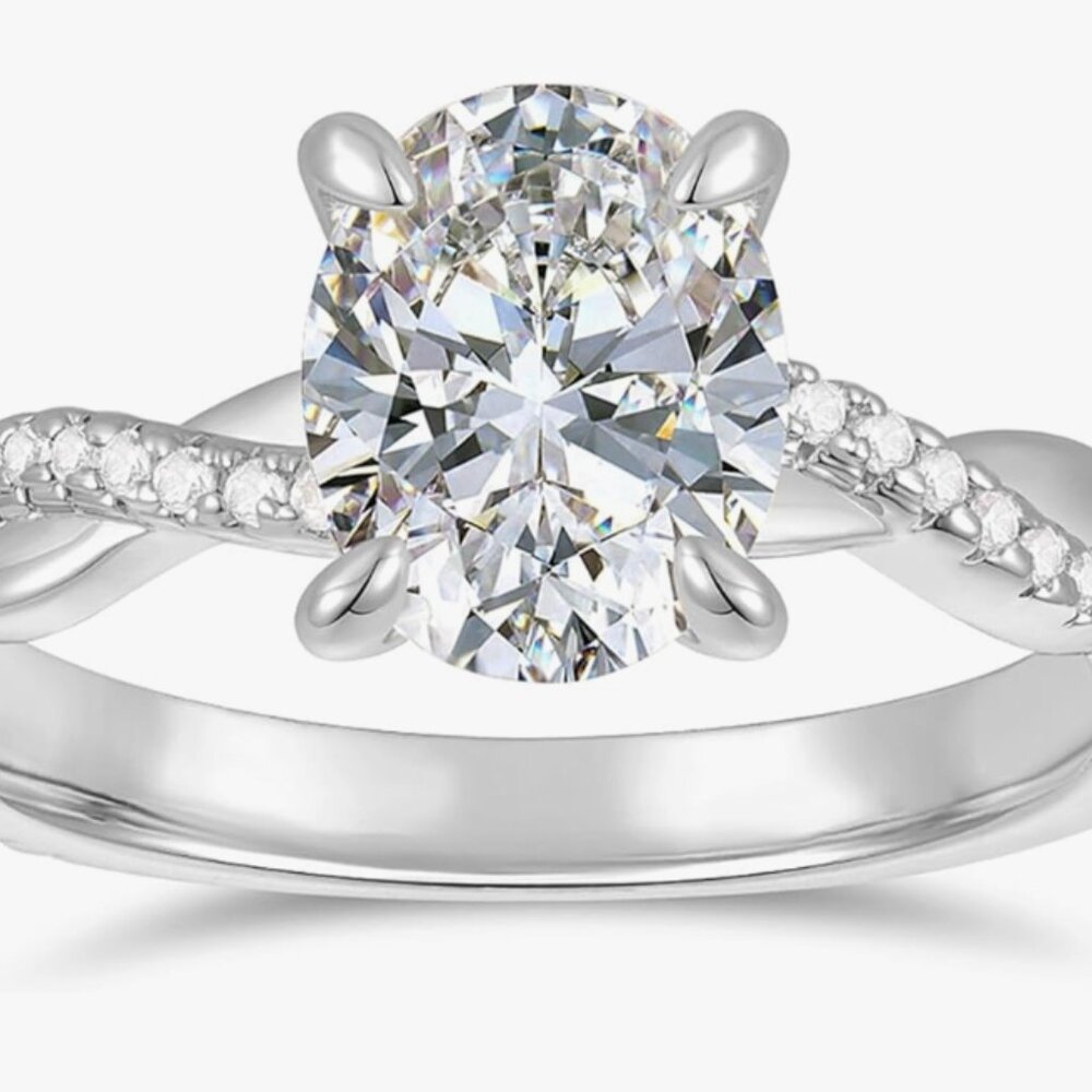 NEW 14K White Gold 2.0ct Oval Moissanite Engagement Ring Twisted Band 7 Box